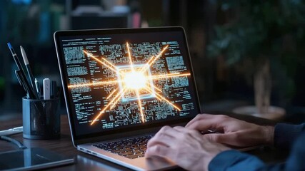 Poster - A person is working on a laptop displaying a glowing digital microchip and programming code in a dark workspace.