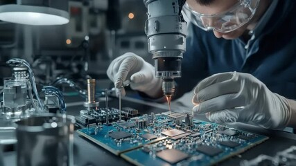 Poster - A technician wearing gloves and goggles works carefully on a circuit board under a microscope in a high-tech laboratory.