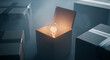 © Mirivox - Lit bulb inside open cardboard box, surrounded by closed boxes, showcasing idea, innovation, or discovery concept