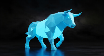 Poster - Low-poly blue bull model on dark background, showcasing strength and power, ideal for finance or technology concepts