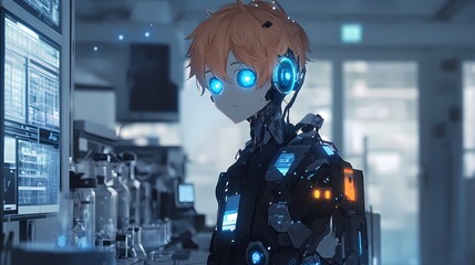 Poster - Futuristic robot in a modern laboratory setting.