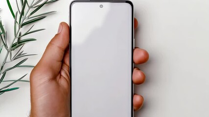Man hand holding modern smartphone with white empty screen. Device mockup for app interface and mobile ui design. Technology video. seamless loop