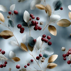 Poster - Autumn leaves and delicate berries create a picturesque vintage pattern against a soft blue backdrop, embodying seasonal charm SEAMLESS PATTERN