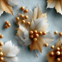 Poster - Autumn leaves and delicate berries create a picturesque vintage pattern against a soft blue backdrop, embodying seasonal charm SEAMLESS PATTERN