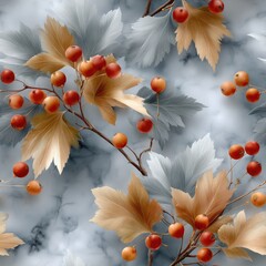 Poster - Autumn leaves and delicate berries create a picturesque vintage pattern against a soft blue backdrop, embodying seasonal charm SEAMLESS PATTERN