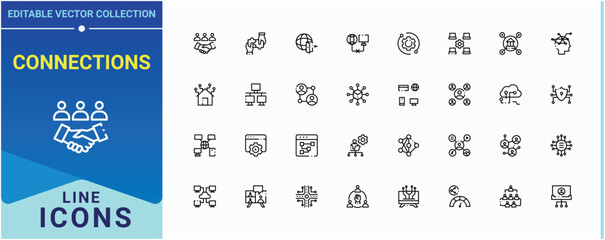 Poster - Connections icon set. Contain linear sign connect, net, network, internet. Networking vector line icon set. Modern vector UI icons. Pixel perfect. Editable stroke.