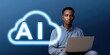 © Brian - african american businessman using laptop. virtual ''AI'' text and cloud computing backup icon.