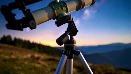 Wall Mural - Telescope pointed towards night sky with stars, mountain landscape and sunset on the horizon, standing on grassy hill.