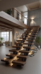 Poster - A stunning wooden staircase with glowing lava-like cracks elegantly illuminates a stylish living room, blending nature and modern design