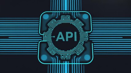 Digital representation of an API symbol with gears, set against a dark tech-inspired background