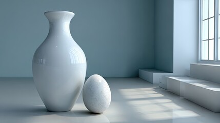 Poster - Clean and simple composition features a vase and an egg atop white plinths, enhanced by soft lighting and monochromatic tones
