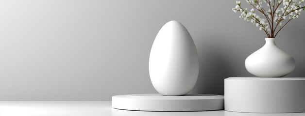 Poster - Clean and simple composition features a vase and an egg atop white plinths, enhanced by soft lighting and monochromatic tones