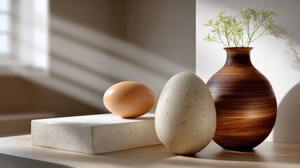 Poster - Clean and simple composition features a vase and an egg atop white plinths, enhanced by soft lighting and monochromatic tones