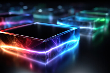 Poster - Colorful illuminated glass squares create a vibrant abstract display at night