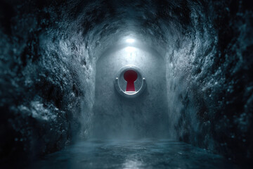 Poster - Mysterious tunnel with a glowing keyhole in a smoky environment