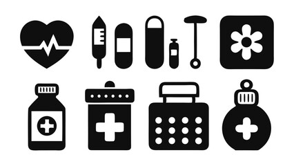Poster - Black and white vector icons representing healthcare medical elements and symbols for various applications