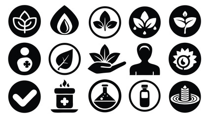 Poster - Collection of black and white wellness icons representing health spa and natural remedies