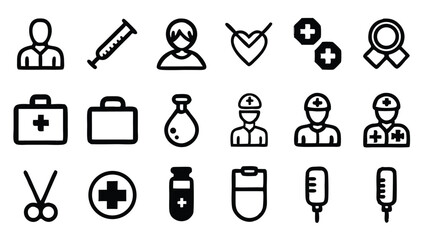 Poster - Collection of healthcare and medical icons depicting syringe, first aid kit, and nurse symbols