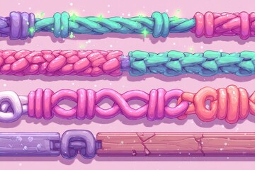 Poster - Colorful braided cords on a pastel background showcasing various textures and patterns in playful designs