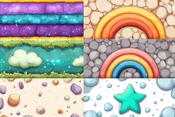 Poster - Colorful illustration of various textured backgrounds showcasing vibrant patterns and playful scenery