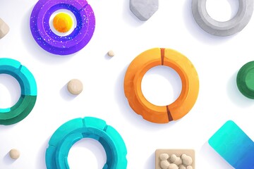 Fototapete - Colorful geometric shapes scattered on a white surface showcasing creativity and design innovation