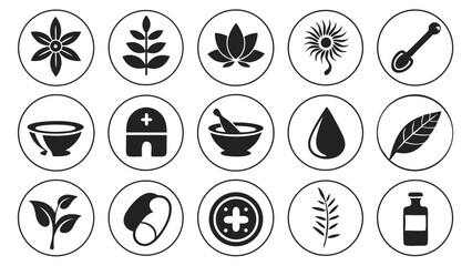 Poster - Collection of monochrome herbal medicine and botanical icons within circular frames with simple designs