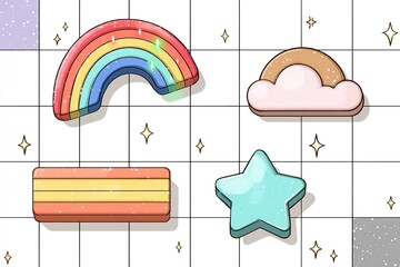 Poster - Colorful geometric shapes including a rainbow, star, and cloud arranged creatively on a tiled background
