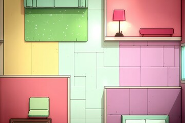 Poster - Colorful interior design with modern furniture in a stylized room layout featuring pastel shades and unique decor items