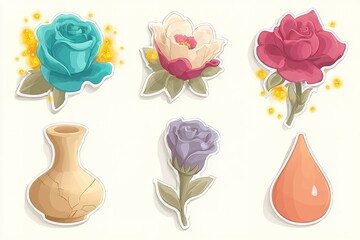 Poster - Colorful floral stickers featuring a variety of roses and decorative elements on a light background