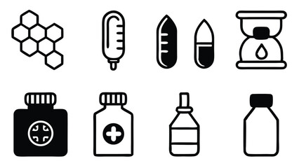Poster - Essential medical icons depicting healthcare, treatment, and pharmacy symbols in clean black outline