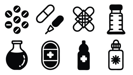 Poster - Icon set illustrating medicine capsules pills dropper bandage bottles and medical symbols