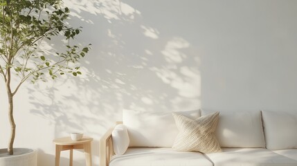 Poster - Bright living room with natural light illuminating a cozy couch and indoor plant in a serene setting