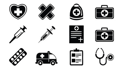 Poster - A collection of simple black and white healthcare and medical icon designs