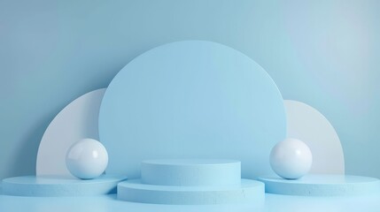 Poster - Elegant Blue Minimalist Product Display with Platforms and Spheres for Branding Mockup