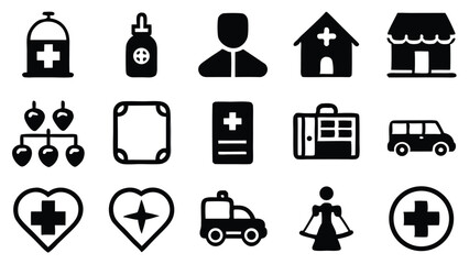 Poster - Black and white medical and healthcare icons depicting medicine and professions