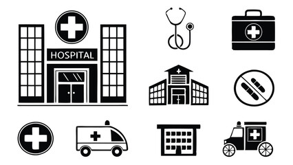 Poster - Black and white medical healthcare icons featuring hospitals ambulance stethoscope and pills
