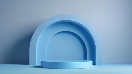 Poster - Elegant Blue Arch Product Display Stand Mockup Minimalist Background Pastel Colors Studio Scene