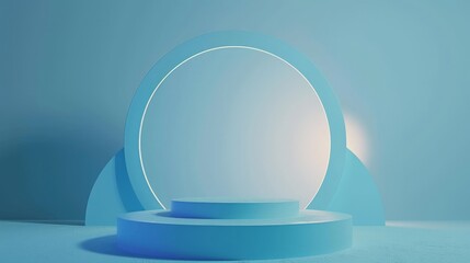 Poster - Elegant Blue Minimalist Product Display Stand Design featuring a circular backdrop and platform for showcasing items.