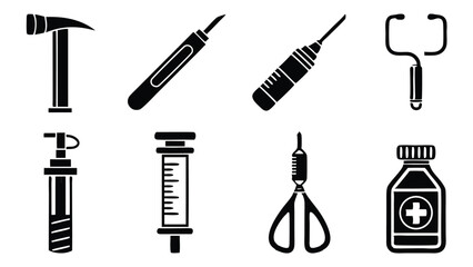 Poster - Collection of medical instruments depicted in simple and clean black and white vector icons