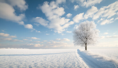Wall Mural - Snowy field with a lone tree