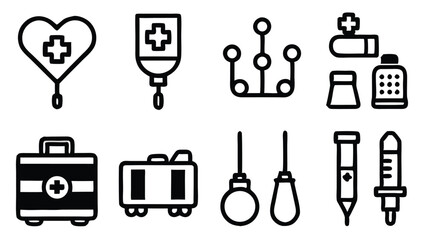 Poster - Healthcare and medical icons set featuring heart, infusion, pills, and first aid equipment