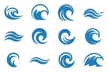 Aufkleber - Set of Blue Wave Icons on White Background for Water Related Symbols and Logos for Ocean or Nature Design