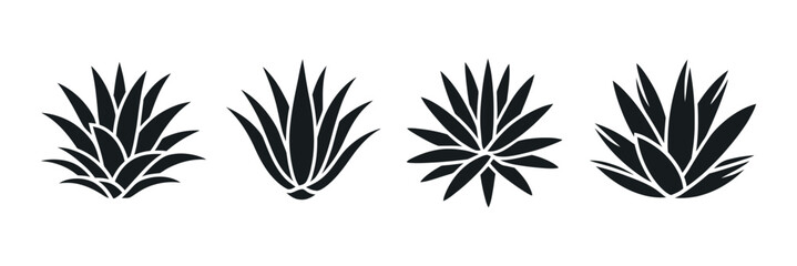 Poster - Set of Four Black Agave Plant Silhouettes on a White Background Perfect for Desert Southwestern or Minimalist Designs and Creative Projects Vector Illustration