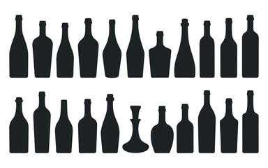 Poster - Collection of Black Silhouette Wine and Liquor Bottles in Various Shapes and Styles on a White Background for Graphic Design Projects