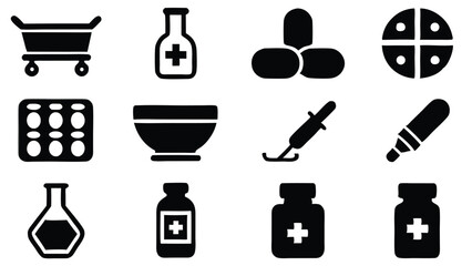 Poster - Black and white pharmacy and medicine icons representing various medical supplies and healthcare.