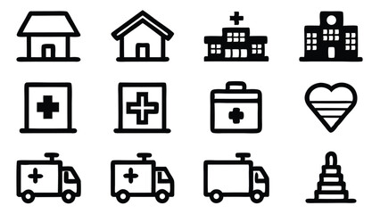 Poster - Collection of black and white healthcare icons featuring hospitals ambulances and medical symbols