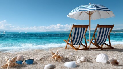 Poster - Beach Chairs and Umbrella on Sandy Shoreline, Representing Summer Vacation and Relaxation