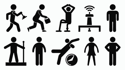 Poster - Collection of black silhouette stick figures representing daily activities and various exercises