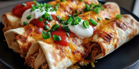 Poster - Chicken Enchiladas Topped With Melted Cheese, Sour Cream, and Green Onions, Representing Comfort Food
