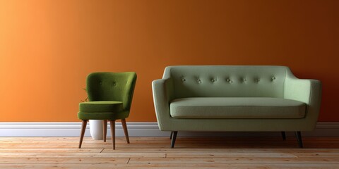 Poster - Retro Green Chair and Sofa Against Orange Wall, Illustrating Home Decor and Interior Design
